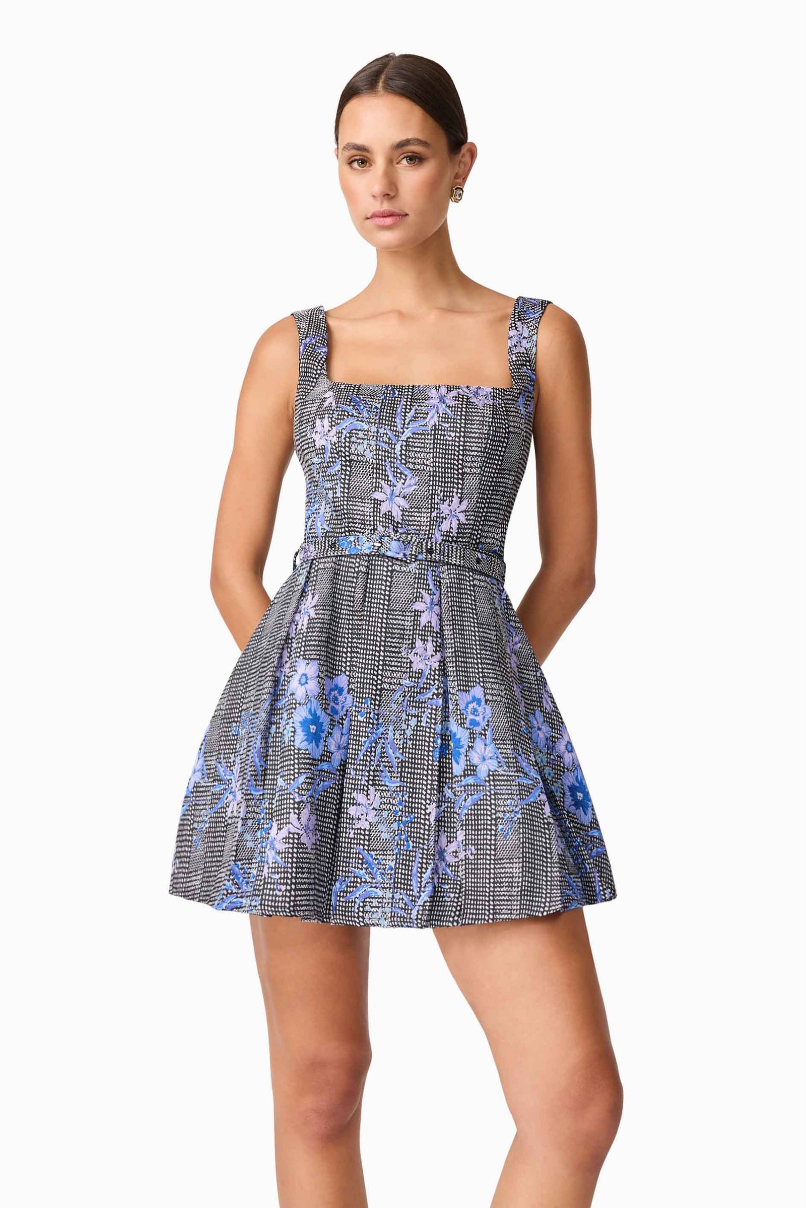 black/blue 3d jacquard a-line mini dress Emmie Floral Jacquard A-Line Mini Dress