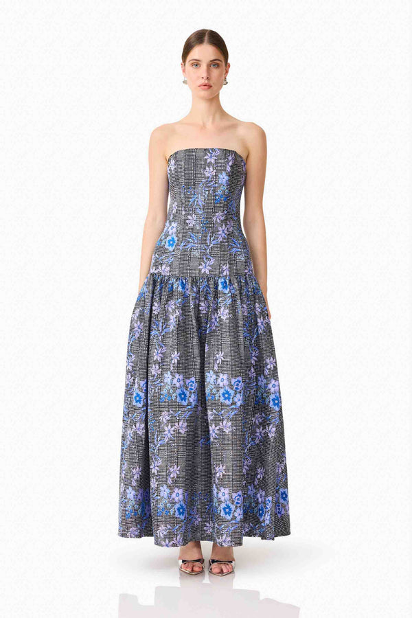 Brunette model wearing Allana Jacquard Strapless Gown in Black & Blue Floral front shot 