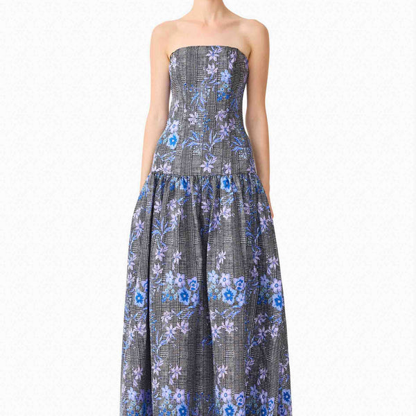 Allana Jacquard Strapless Gown in Black & Blue Floral | Jacquard Fabrication Elliatt Allana Jacquard Strapless Gown in Black & Blue Floral | Jacquard Fabrication Elliatt