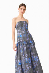 Brunette model wearing Allana Jacquard Strapless Gown in Black & Blue Floral close up shot 
