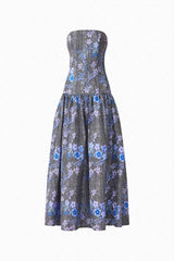 Brunette model wearing Allana Jacquard Strapless Gown in Black & Blue Floral ghost shot 