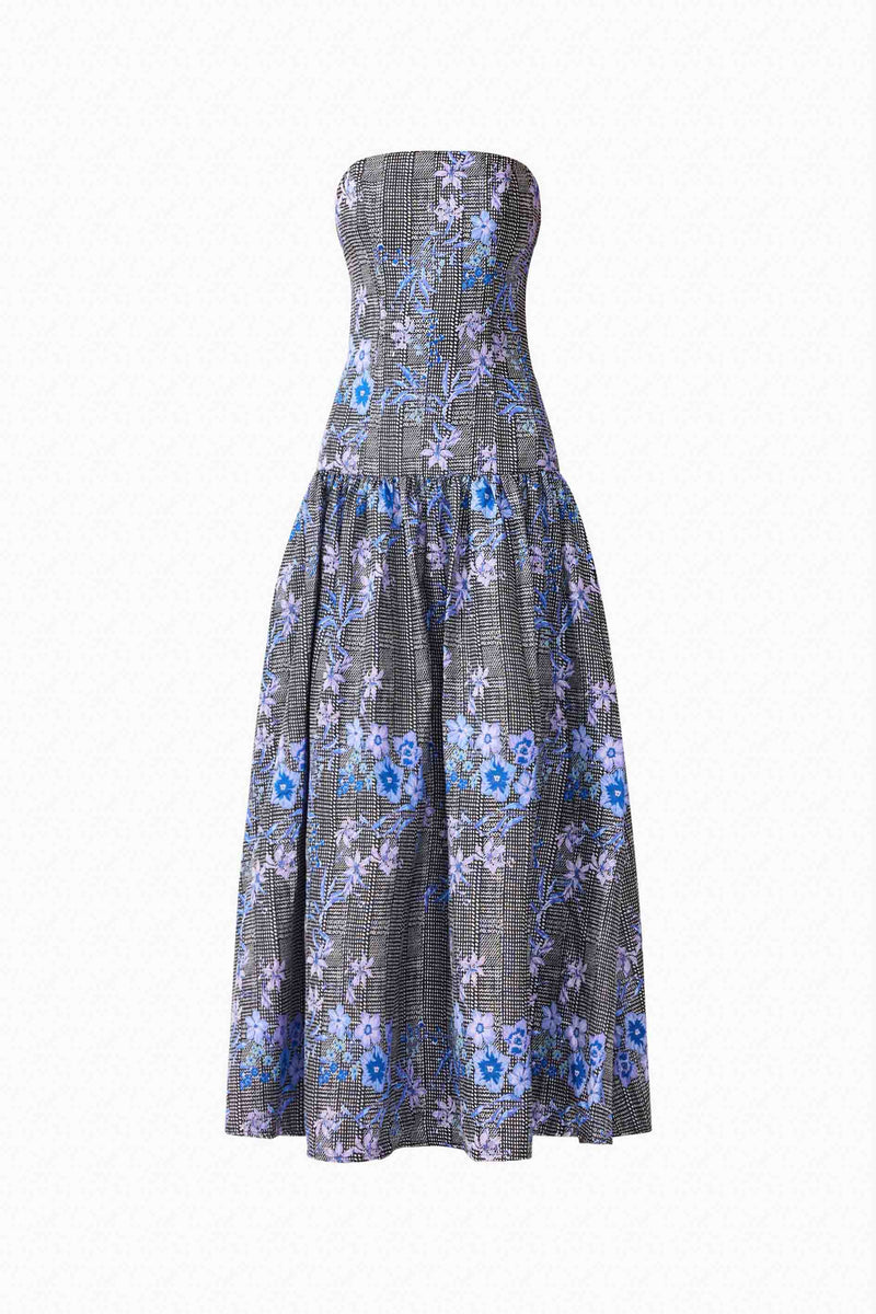 Brunette model wearing Allana Jacquard Strapless Gown in Black & Blue Floral ghost shot 
