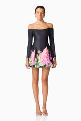 Brunette model wearing Azelie Off The Shoulder Mini Dress in Black front shot