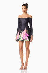 Brunette model wearing Azelie Off The Shoulder Mini Dress in Black side shot