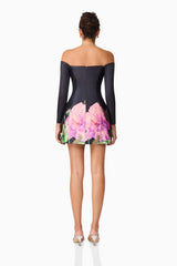 Brunette model wearing Azelie Off The Shoulder Mini Dress in Black back shot