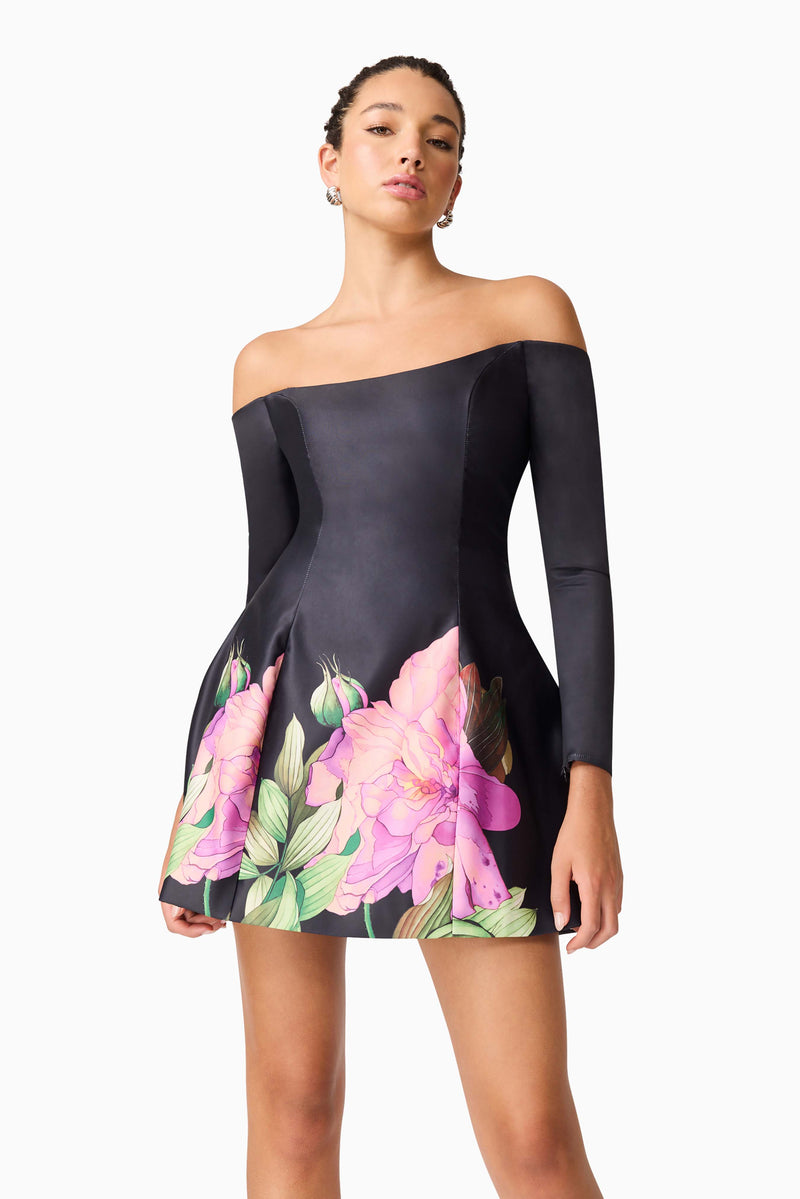 Brunette model wearing Azelie Off The Shoulder Mini Dress in Black close up shot