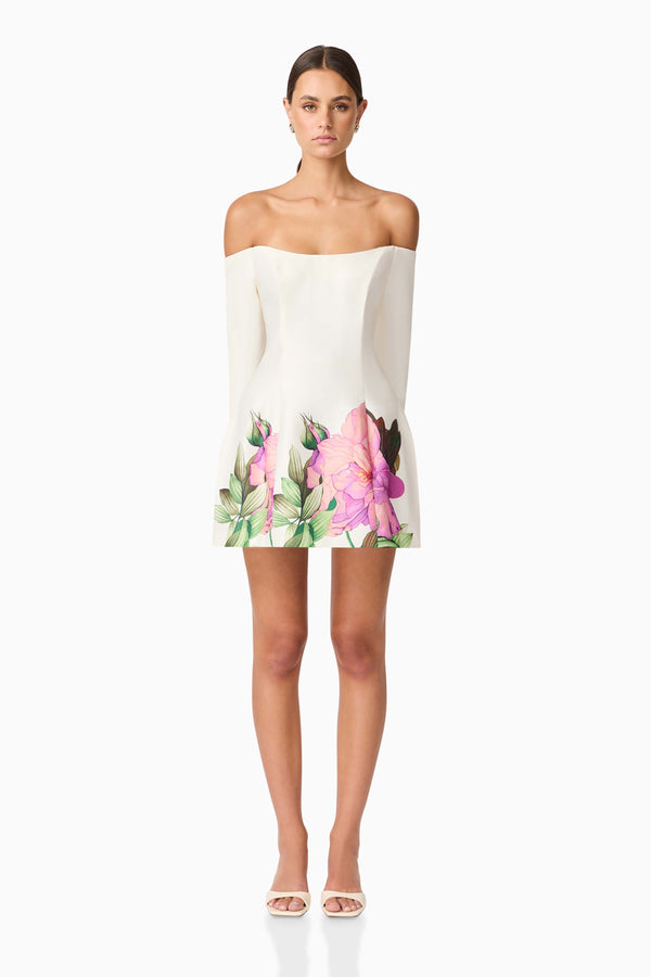 Brunette model wearing Azelie Off The Shoulder Mini Dress in White front shot
