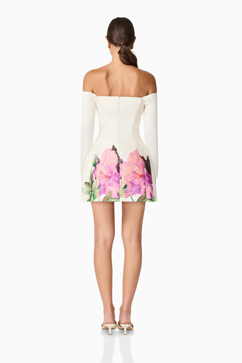 Brunette model wearing Azelie Off The Shoulder Mini Dress in White back shot