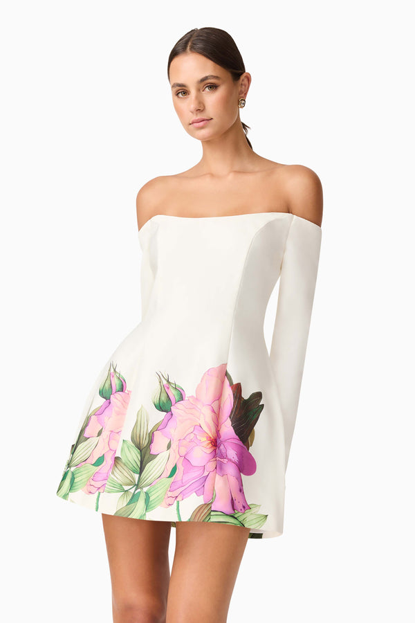 Brunette model wearing Azelie Off The Shoulder Mini Dress in White close up shot