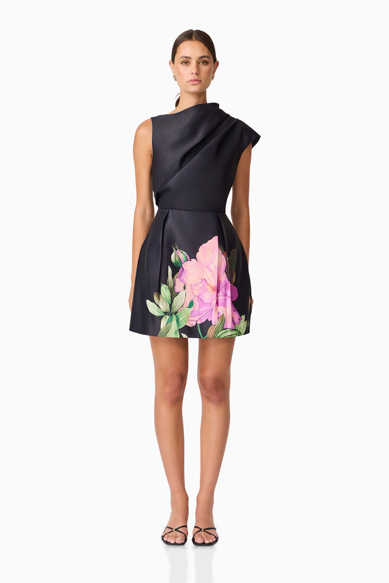 Brunette model wearing Azelie Asymmetrical Mini Dress in Black front shot