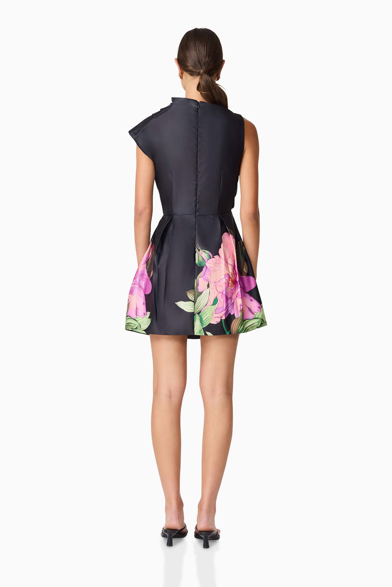 Brunette model wearing Azelie Asymmetrical Mini Dress in Black back shot