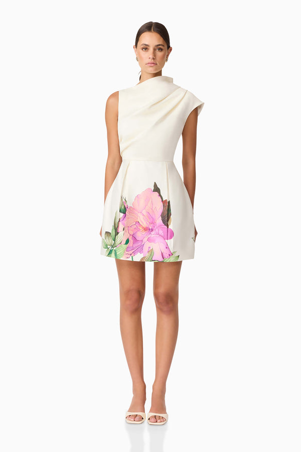Brunette model wearing Azelie Asymmetrical Mini Dress in White front shot