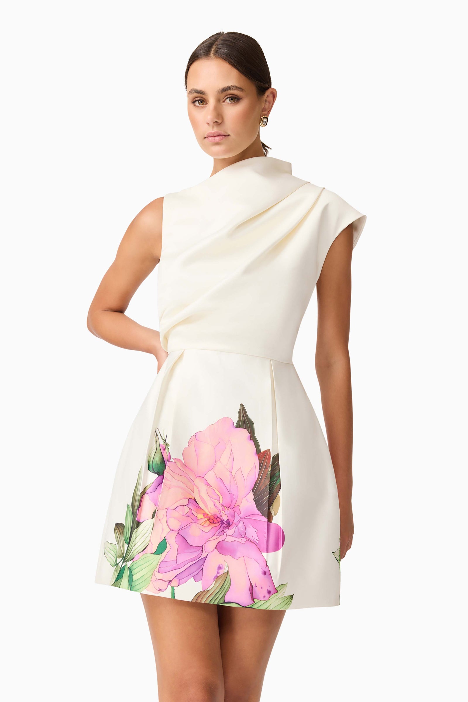 azelie asymmetrical mini dress in white Altar'd State | Evie Asymmetrical Mini Dress | White | Material: 97% Rayon, 3% Spandex, Lining: 100% Polyester
