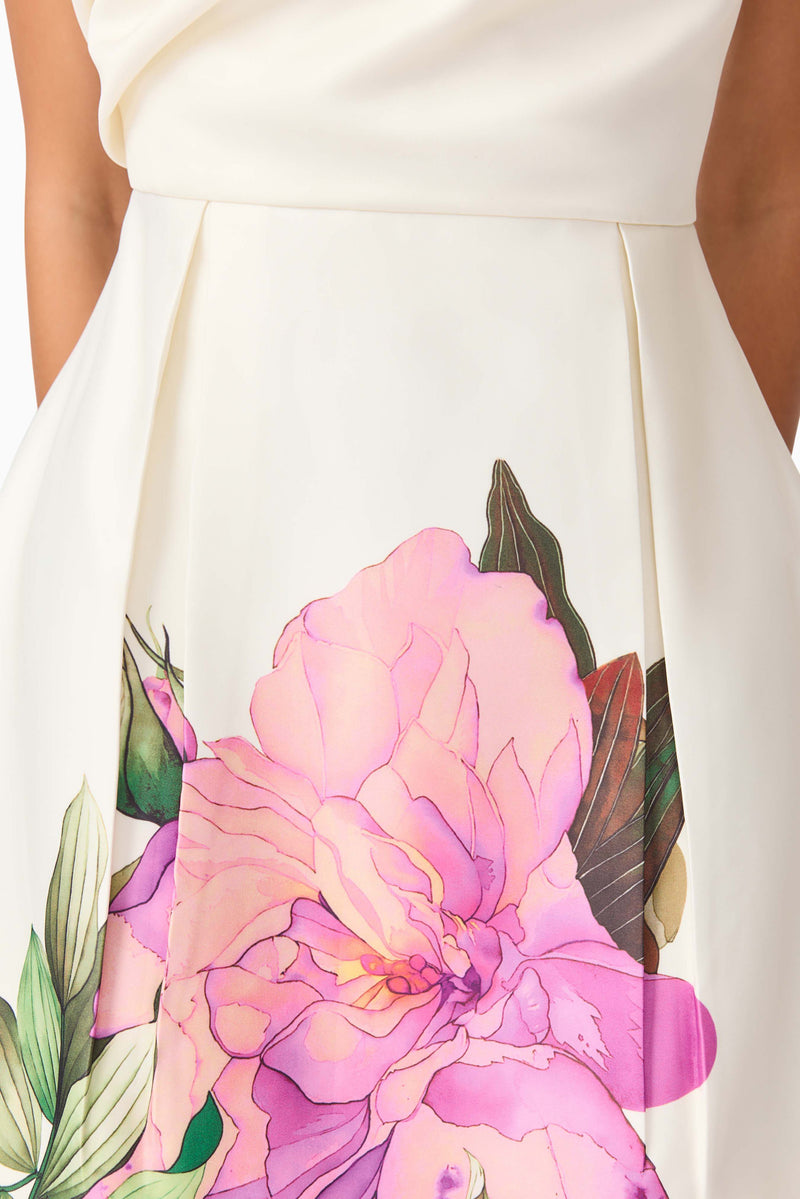 Brunette model wearing Azelie Asymmetrical Mini Dress in White detail shot
