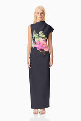 Blonde model wearing the Azelie Asymmetrical Gown in Black front shot 