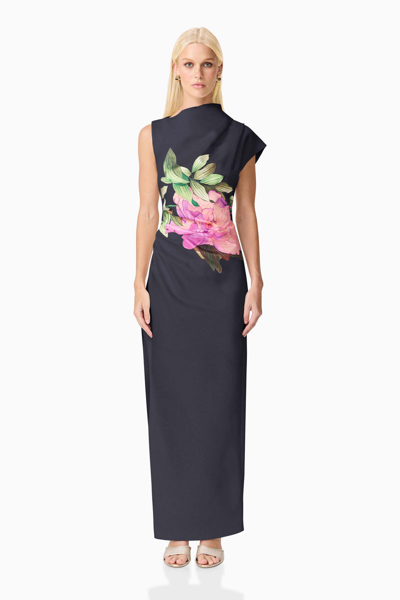 Blonde model wearing the Azelie Asymmetrical Gown in Black front shot 