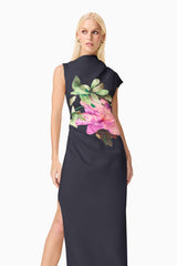 Blonde model wearing the Azelie Asymmetrical Gown in Black close up shot 