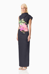 Blonde model wearing the Azelie Asymmetrical Gown in Black side shot 