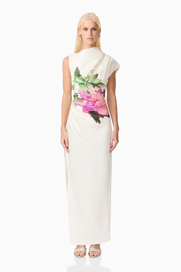 Blonde model wearing Azelie Asymmetrical Gown in White front shot
