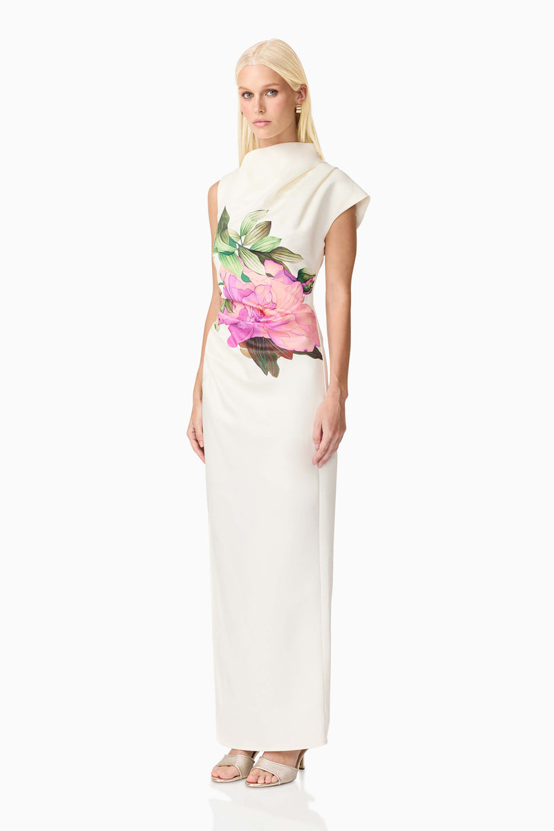 Blonde model wearing Azelie Asymmetrical Gown in White side shot