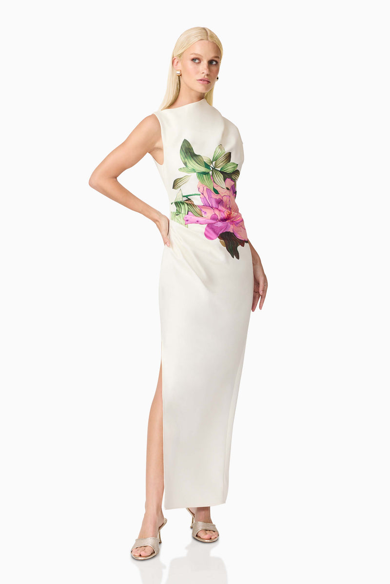 Blonde model wearing Azelie Asymmetrical Gown in White posed shot