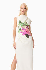 Blonde model wearing Azelie Asymmetrical Gown in White close up shot