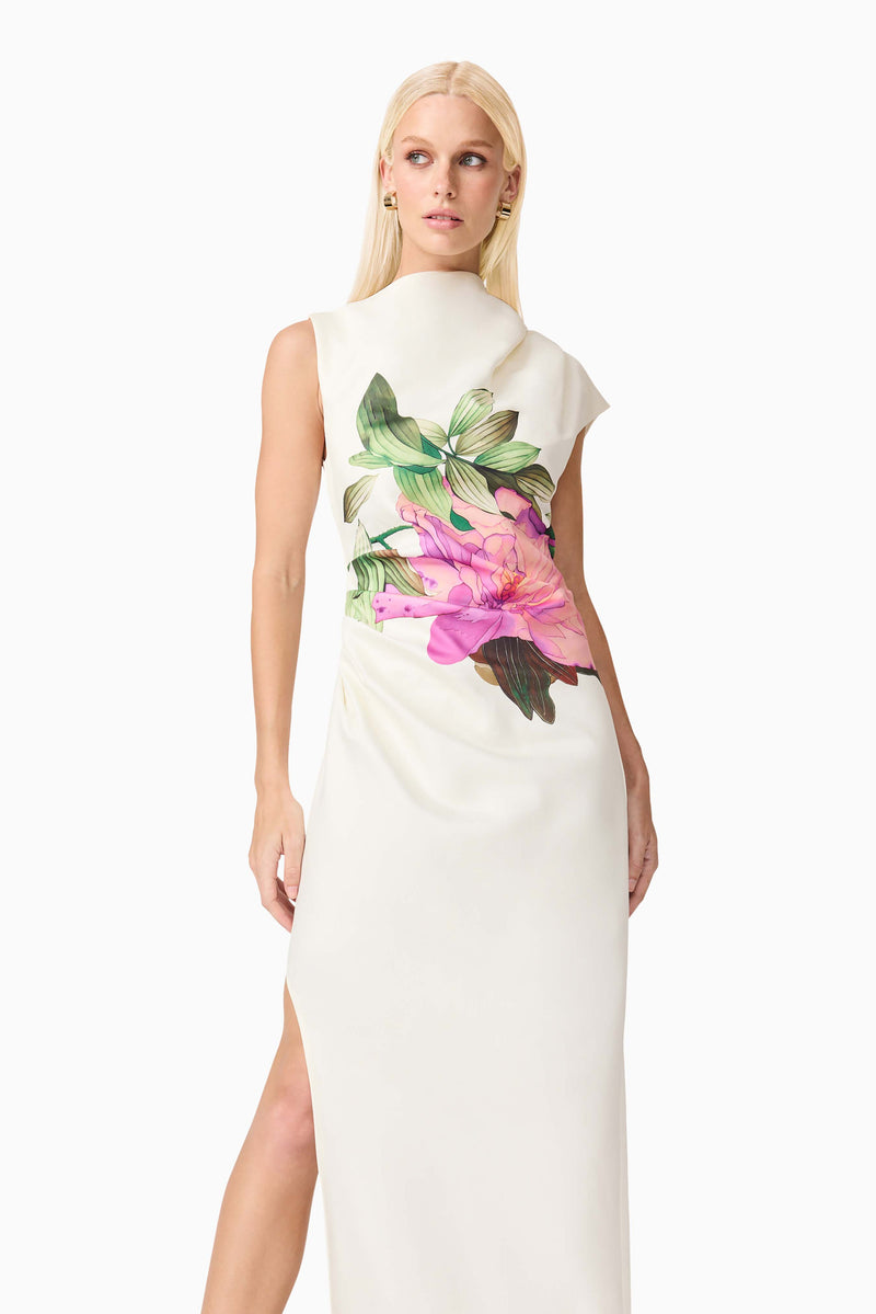 Blonde model wearing Azelie Asymmetrical Gown in White close up shot