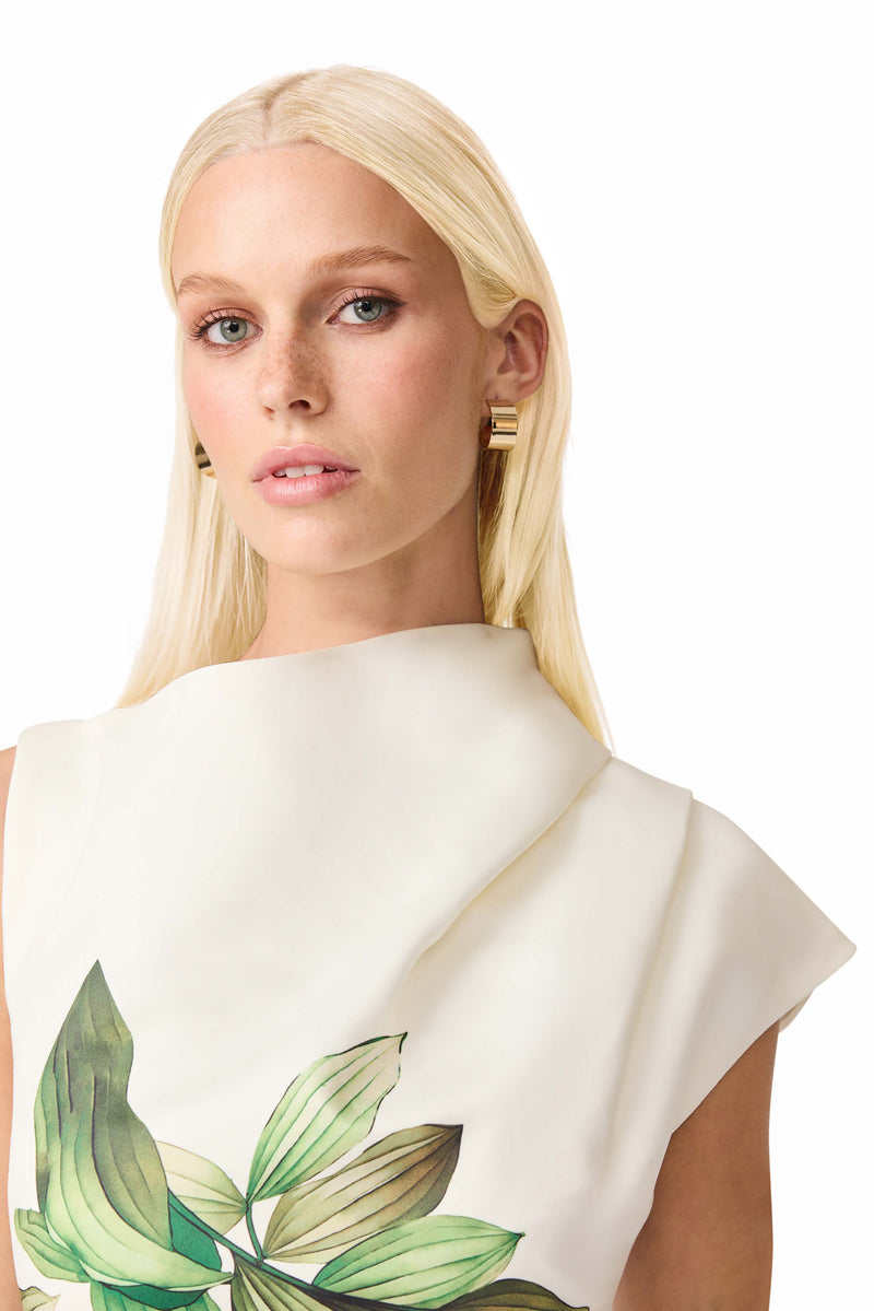 Blonde model wearing Azelie Asymmetrical Gown in White close up  shot