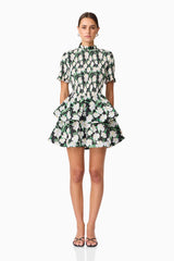 Brunette model wearing Rosey Short Sleeve Mini Dress in Black Floral front shot
