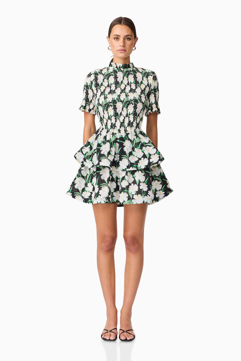 Brunette model wearing Rosey Short Sleeve Mini Dress in Black Floral front shot