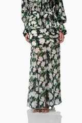 Brunette model wearing Rosey Long Sleeve Set in Black Floral detail shot