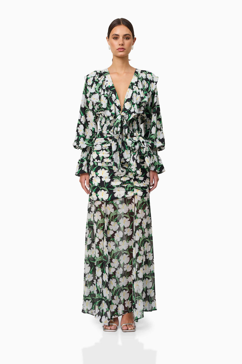 Brunette model wearing Rosey Long Sleeve Set in Black Floral front shot