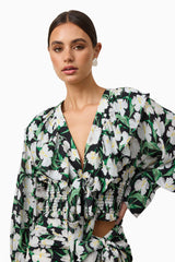 Brunette model wearing Rosey Long Sleeve Set in Black Floral close up shot