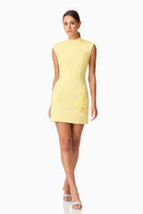 Brunette model wearing Evee High Neck Mini Dress in Yellow posed shot