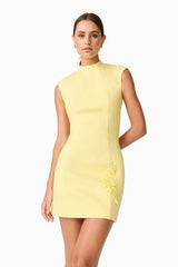 Brunette model wearing Evee High Neck Mini Dress in Yellow close up shot