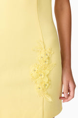 Brunette model wearing Evee High Neck Mini Dress in Yellow detail shot