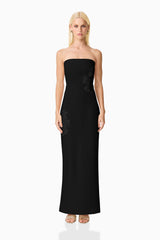 Blonde model wearing Evee Strapless Maxi Dress in Black front shot