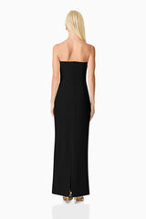 Blonde model wearing Evee Strapless Maxi Dress in Black back shot