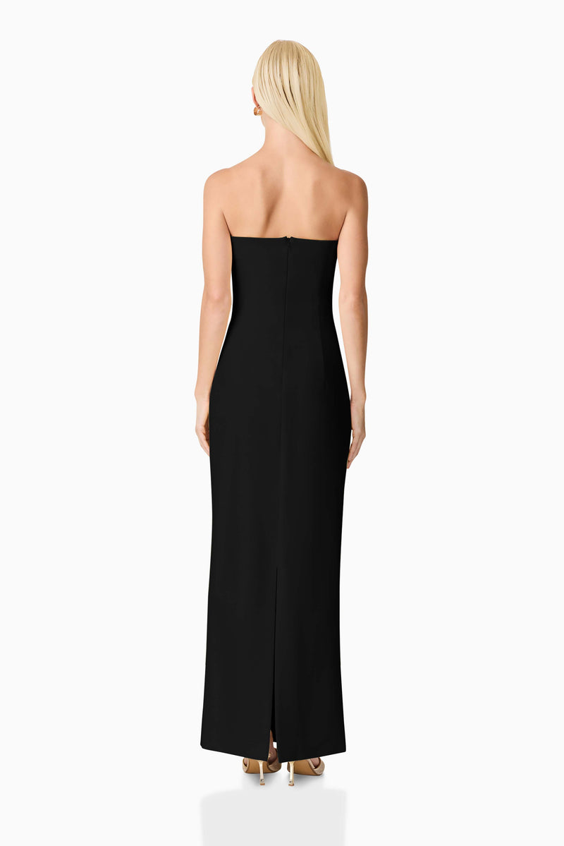 Blonde model wearing Evee Strapless Maxi Dress in Black back shot