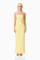 Blonde model wearing Evee Strapless Maxi Dress in Yellow front shot