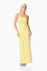 Blonde model wearing Evee Strapless Maxi Dress in Yellow posed shot