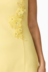 Blonde model wearing Evee Strapless Maxi Dress in Yellow detail shot