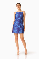 Sorelle Shift Mini Dress in Cobalt Blue with a square neckline and sleeveless style posed shot