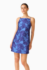 Sorelle Shift Mini Dress in Cobalt Blue with a square neckline and sleeveless style close up shot
