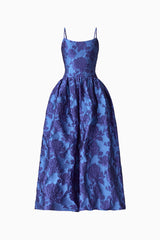Sorelle A-Line Maxi Gown in Cobalt Blue with a scooped neckline & gathered full skirt ghost shot