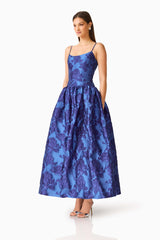 Sorelle A-Line Maxi Gown in Cobalt Blue with a scooped neckline & gathered full skirt side shot