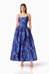 Sorelle A-Line Maxi Gown in Cobalt Blue with a scooped neckline & gathered full skirt posed shot
