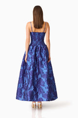 Sorelle A-Line Maxi Gown in Cobalt Blue with a back shirring & gathered full skirt back shot