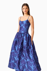 Sorelle A-Line Maxi Gown in Cobalt Blue with a scooped neckline & gathered full skirt close up shot