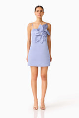Lunelle Shift Mini Dress in Stone Blue with floral applique and duchess satin fabrication front shot